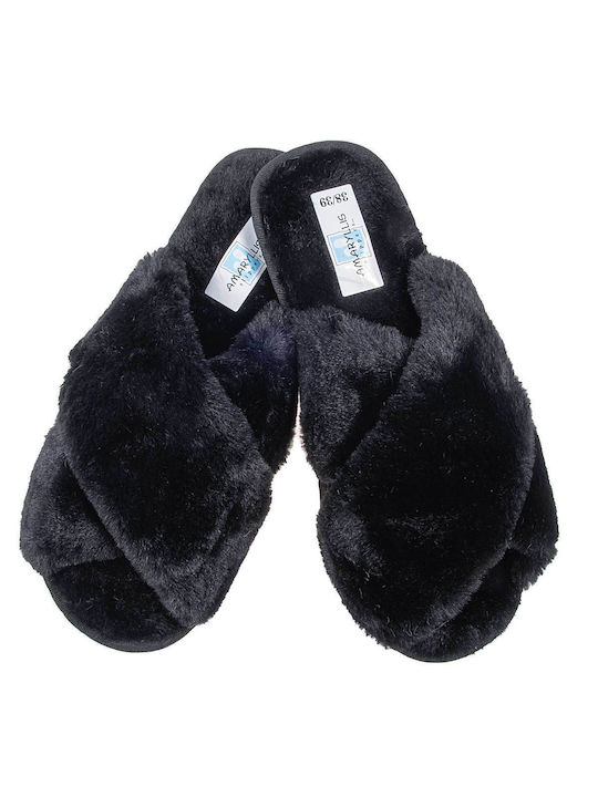 Amaryllis Slippers Χειμερινές Γυναικείες Παντόφλες με γούνα σε Μαύρο Χρώμα - Image 2
