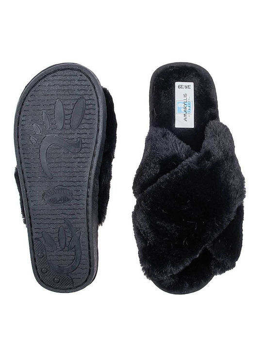 Amaryllis Slippers Χειμερινές Γυναικείες Παντόφλες με γούνα σε Μαύρο Χρώμα - Image 3