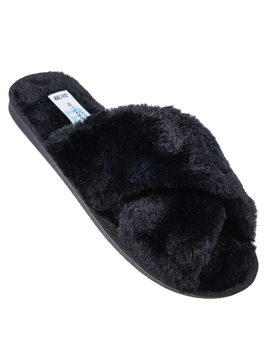 Amaryllis Slippers Χειμερινές Γυναικείες Παντόφλες με γούνα σε Μαύρο Χρώμα - Image 4