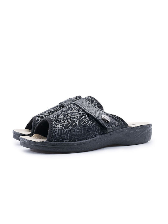Adam's Shoes Δερμάτινες Χειμερινές Γυναικείες Παντόφλες σε Μαύρο χρώμα